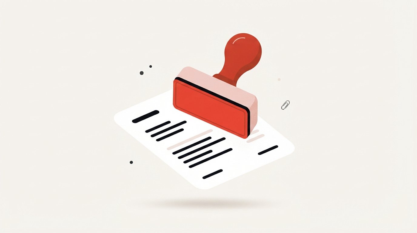Et stort rødt stempel svæver over et tomt fakturablad på en cremefarvet baggrund.