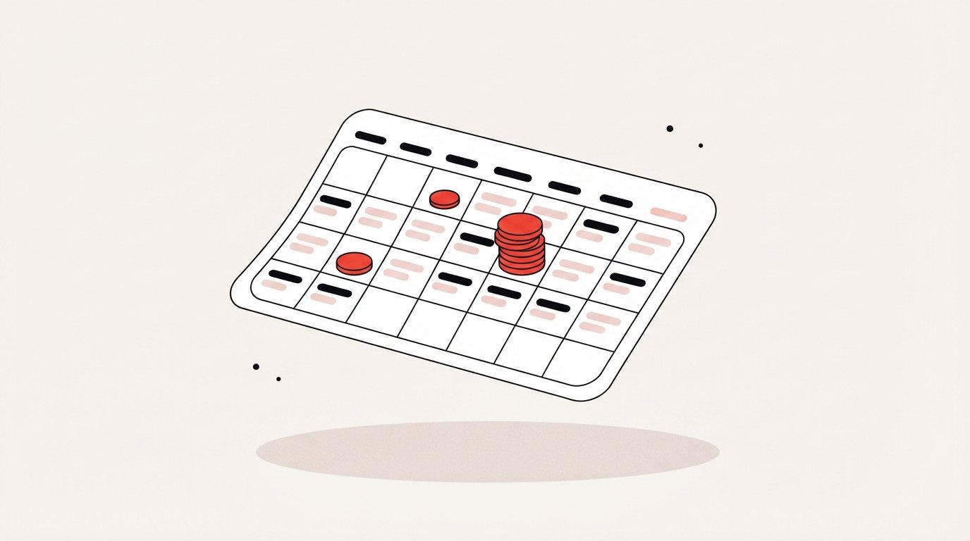 En åben kalender med en lille møntstabler placeret på en dato midt i året.